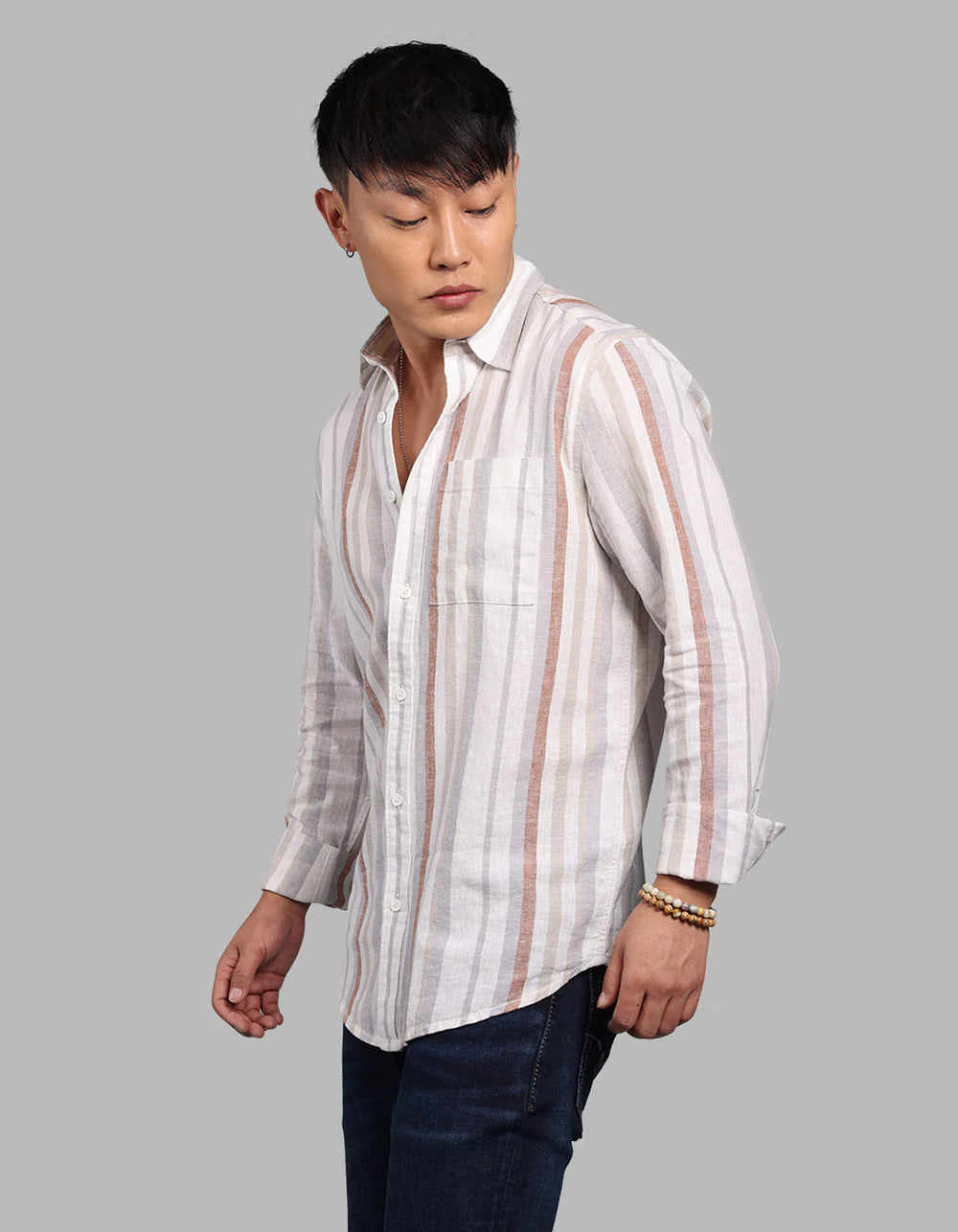 ROOKIES Off White Grey Full Sleeve Linen Blend Stripe Shirt