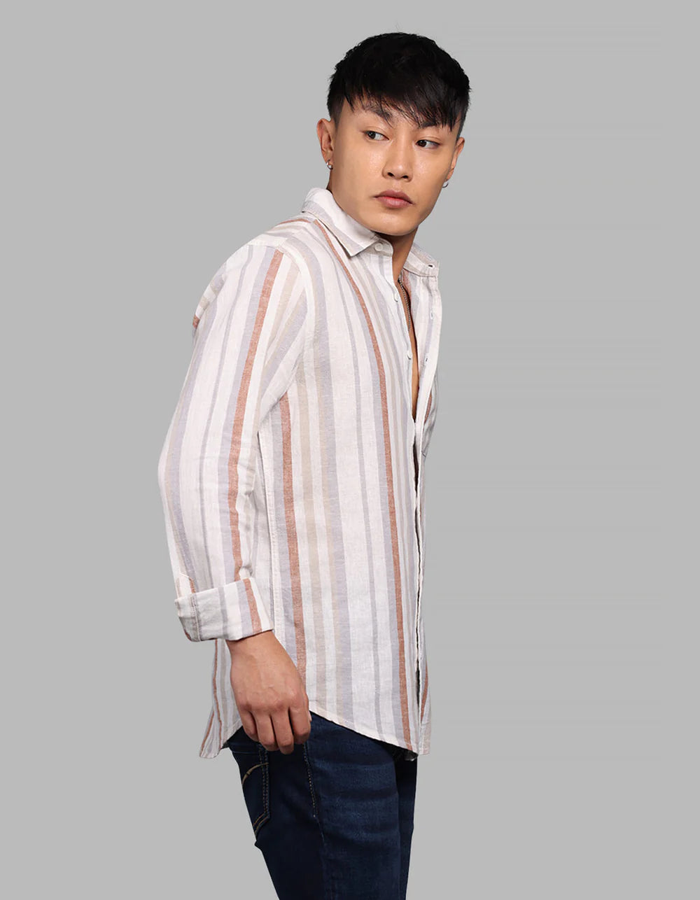 ROOKIES Off White Grey Full Sleeve Linen Blend Stripe Shirt