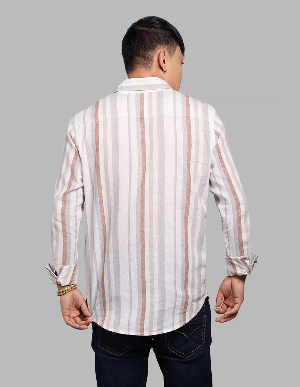 ROOKIES Off White Grey Full Sleeve Linen Blend Stripe Shirt
