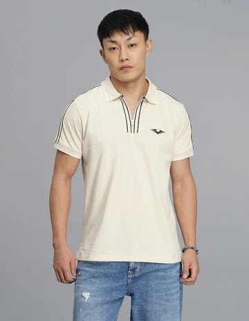 ROOKIES Men's Cream Half Sleeves Pique Polo Tee