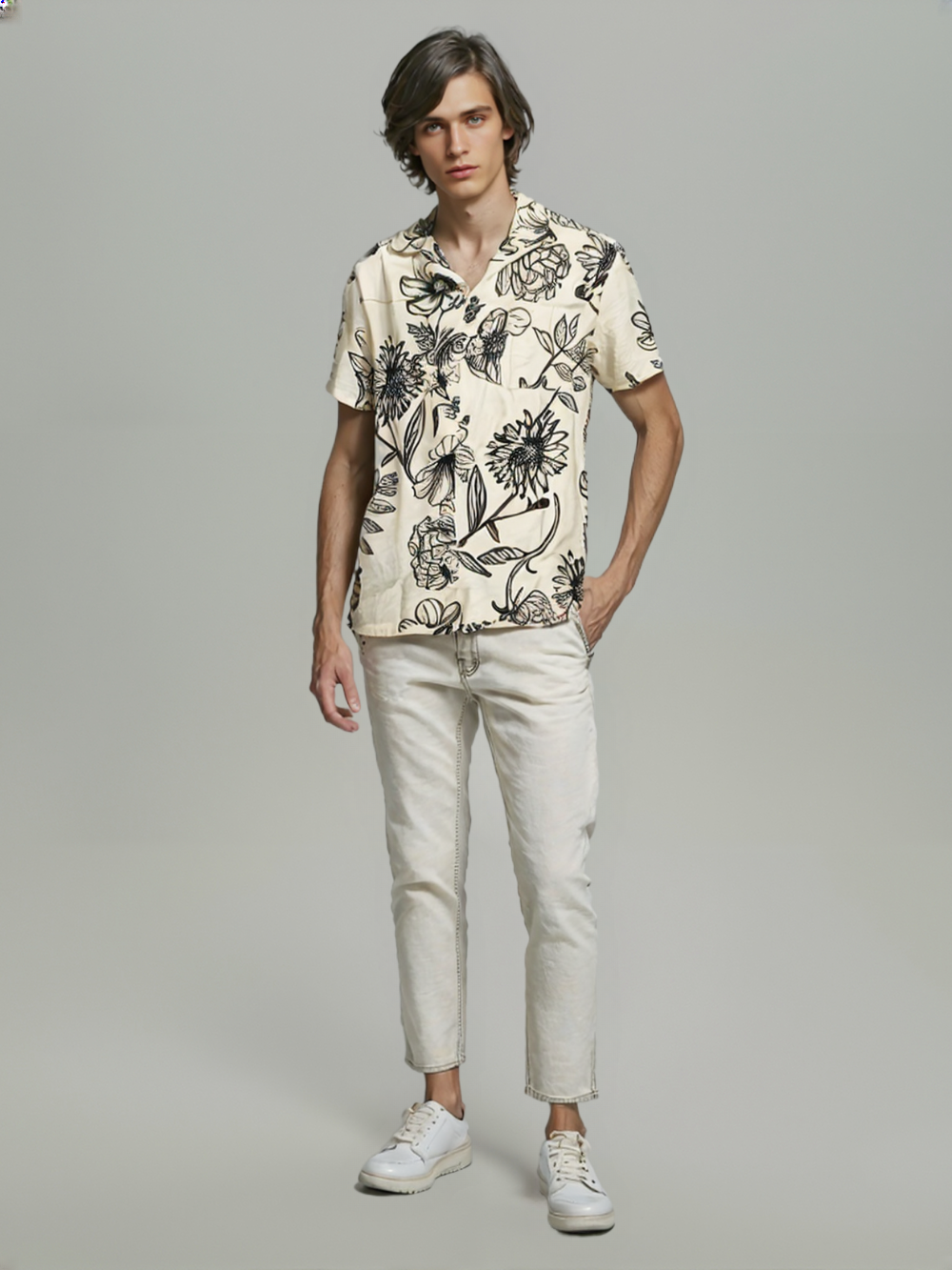 Men's White & Black Botanical Print Cuban Collar Shirt – Minimal Floral