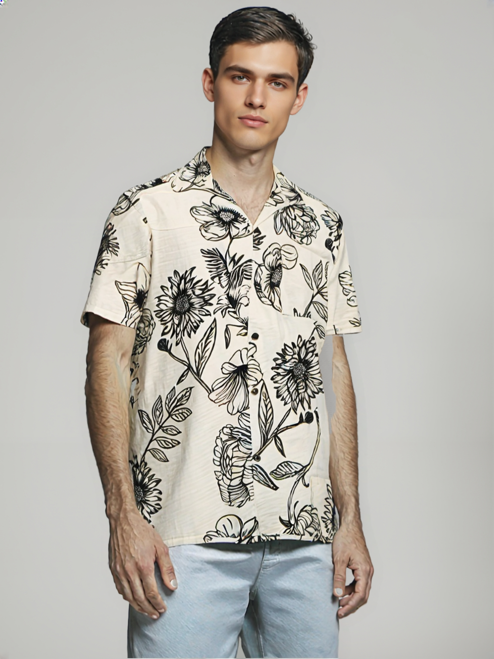 Men's White & Black Botanical Print Cuban Collar Shirt – Minimal Floral