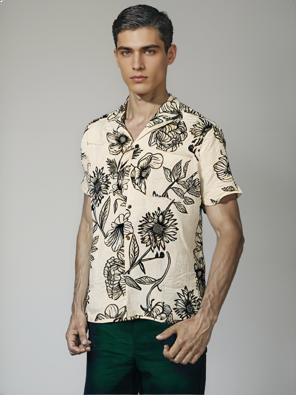 Men's White & Black Botanical Print Cuban Collar Shirt – Minimal Floral