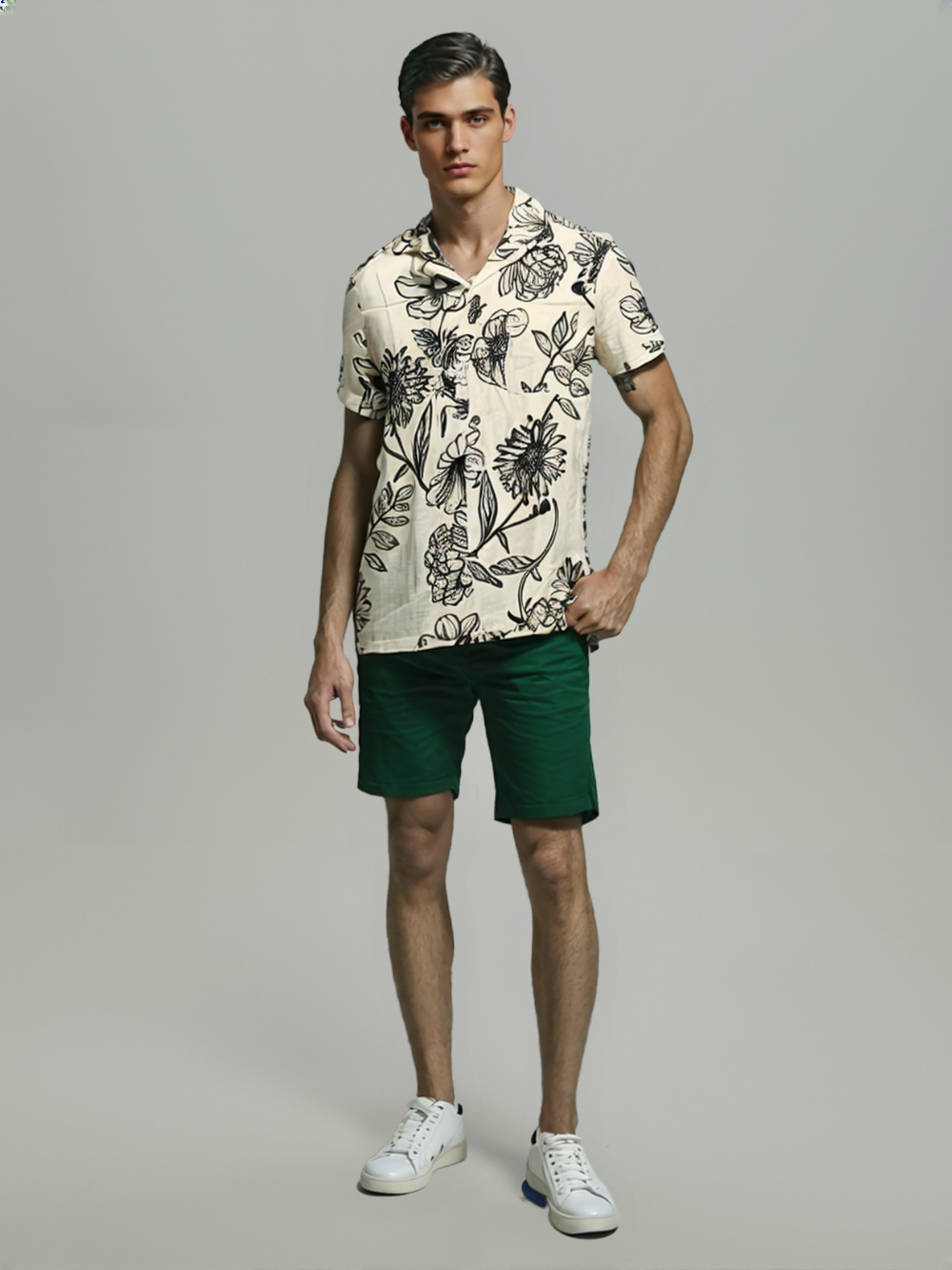 Men's White & Black Botanical Print Cuban Collar Shirt – Minimal Floral