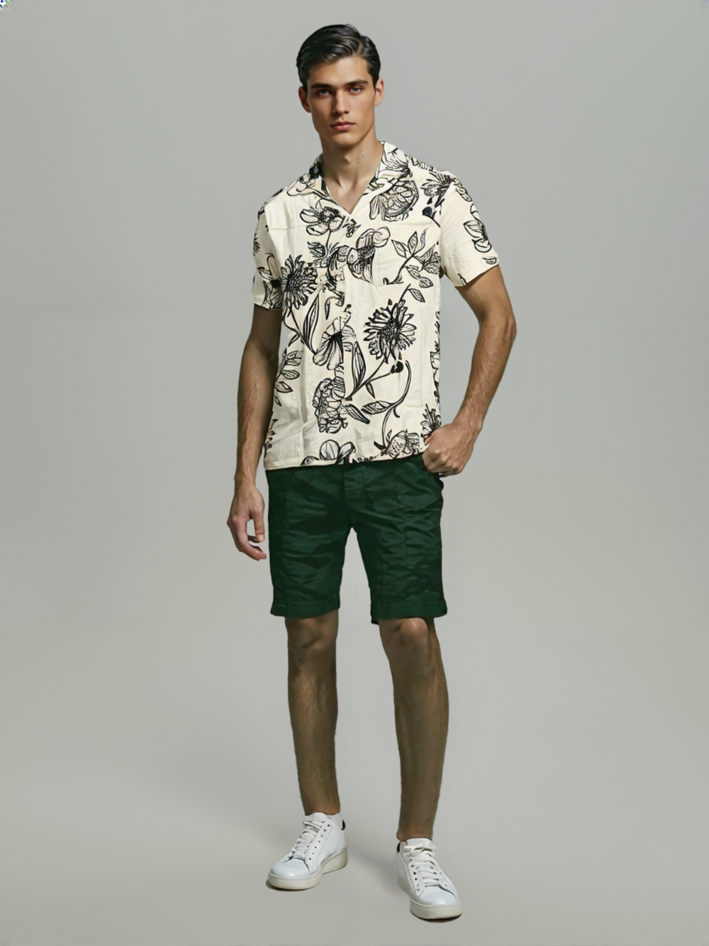 Men's White & Black Botanical Print Cuban Collar Shirt – Minimal Floral