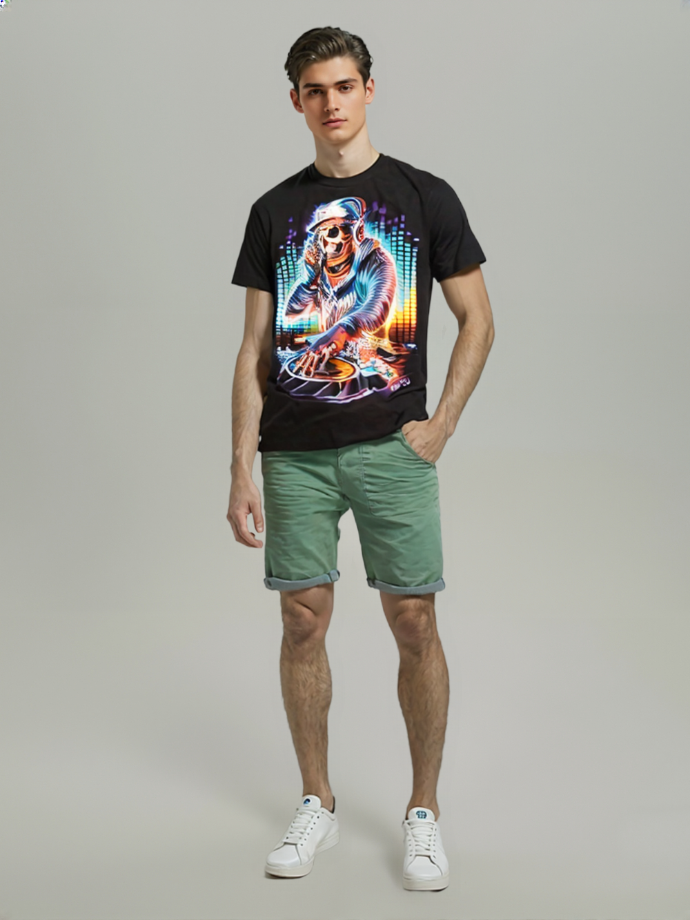 Men DJ From the Grave – Neon Skull Party T-Shirt