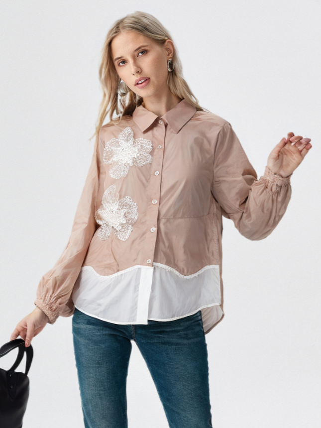 Women's Button-Down Shirt with White Floral Embroidery