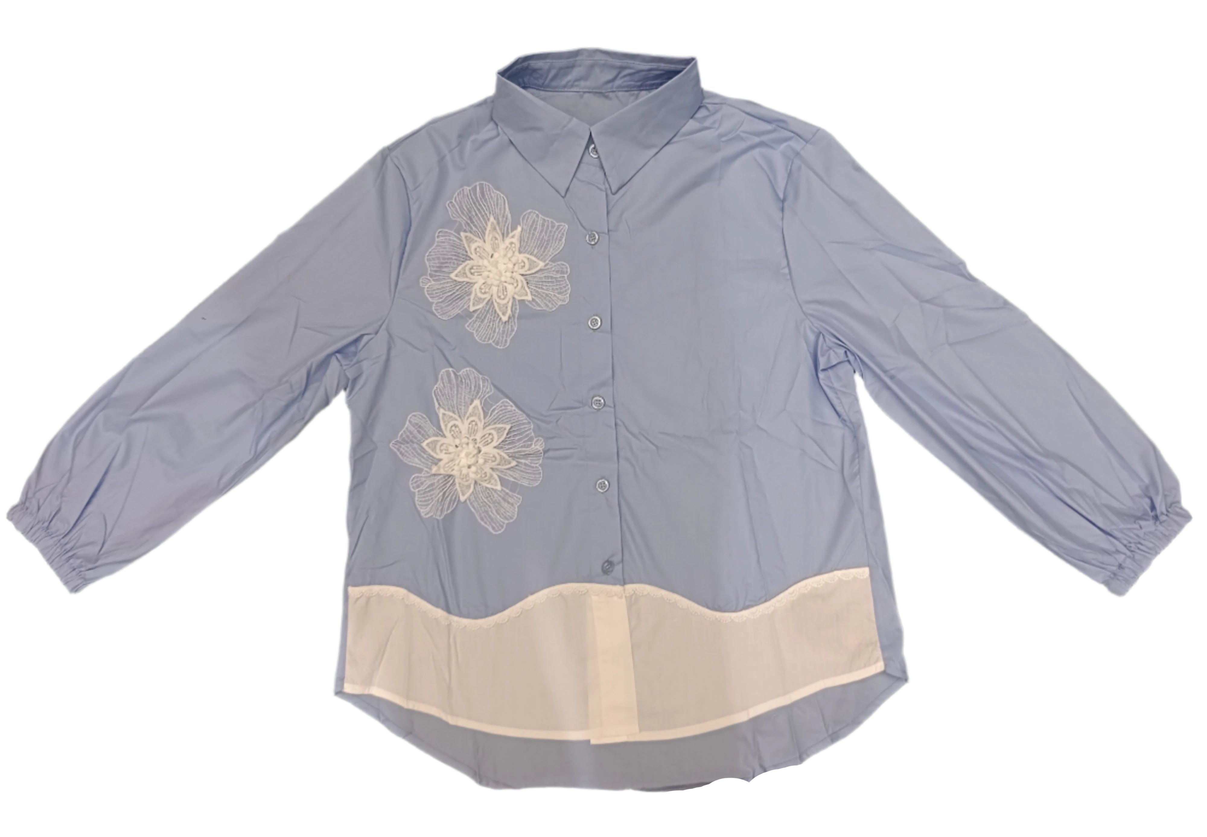 Women's Button-Down Shirt with White Floral Embroidery