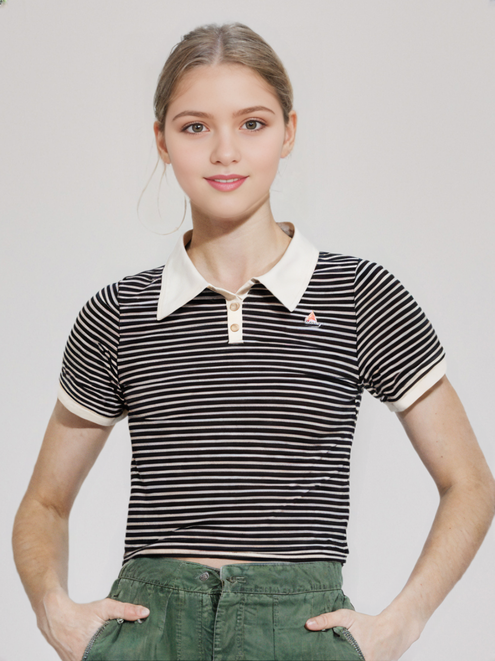 Women's Striped Polo T-Shirt with Bear Embroidery