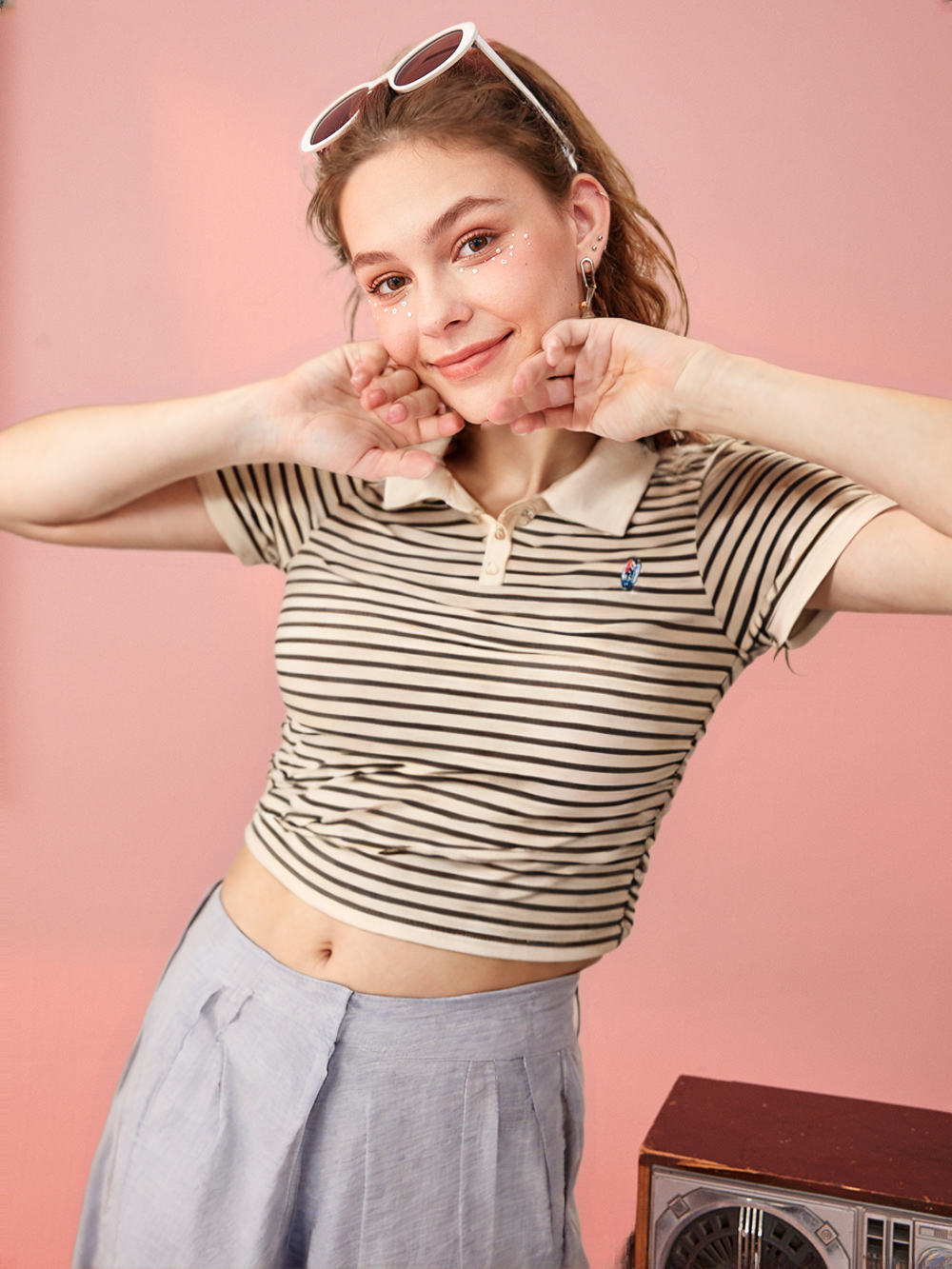 Women's Striped Polo T-Shirt with Bear Embroidery