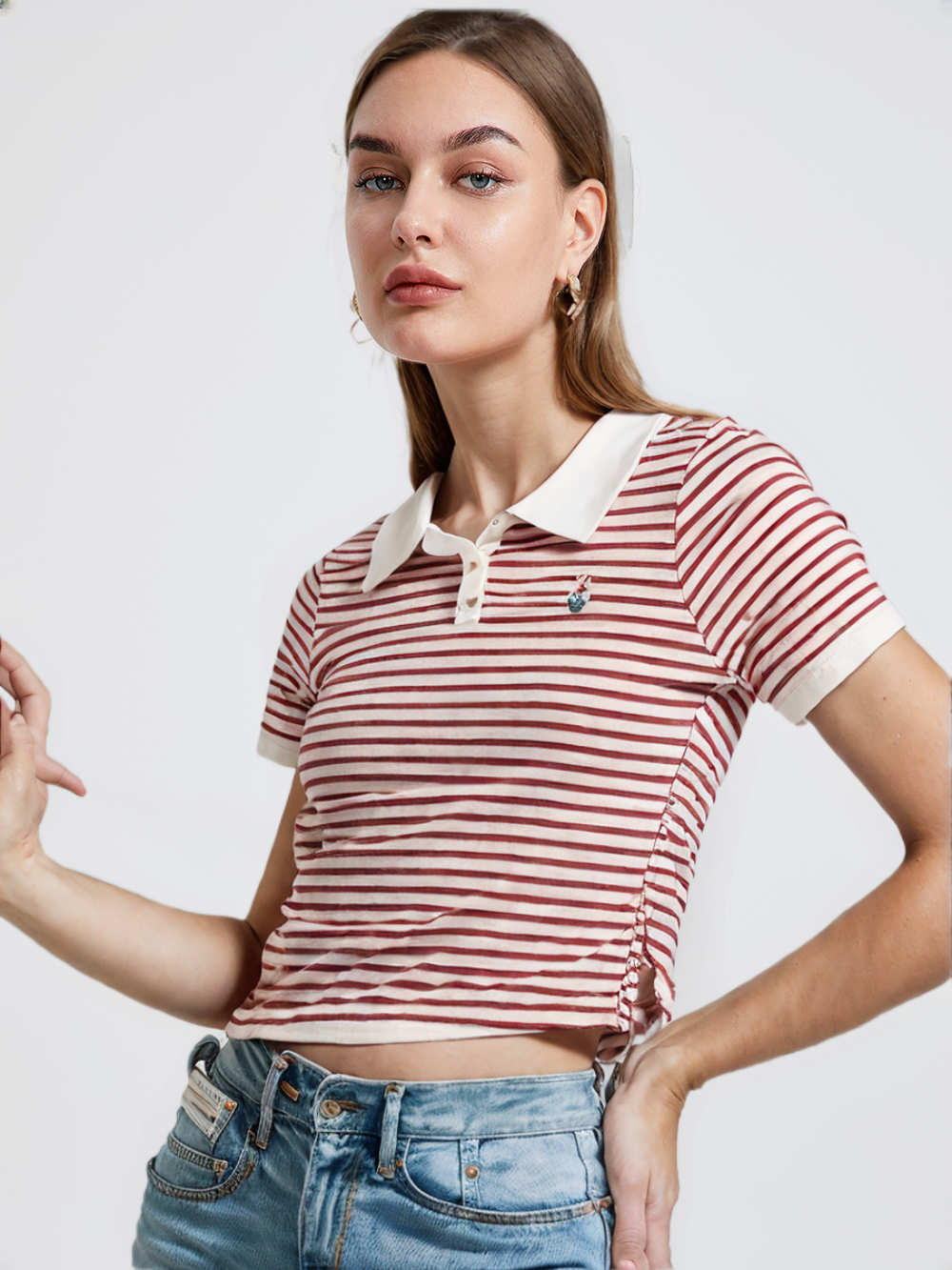 Women's Striped Polo T-Shirt with Bear Embroidery