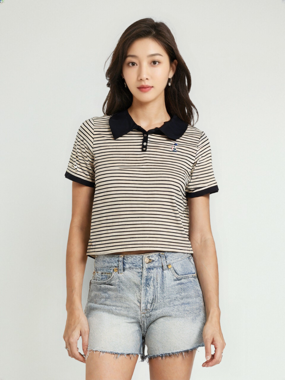 Women's Striped Polo T-Shirt with Bear Embroidery