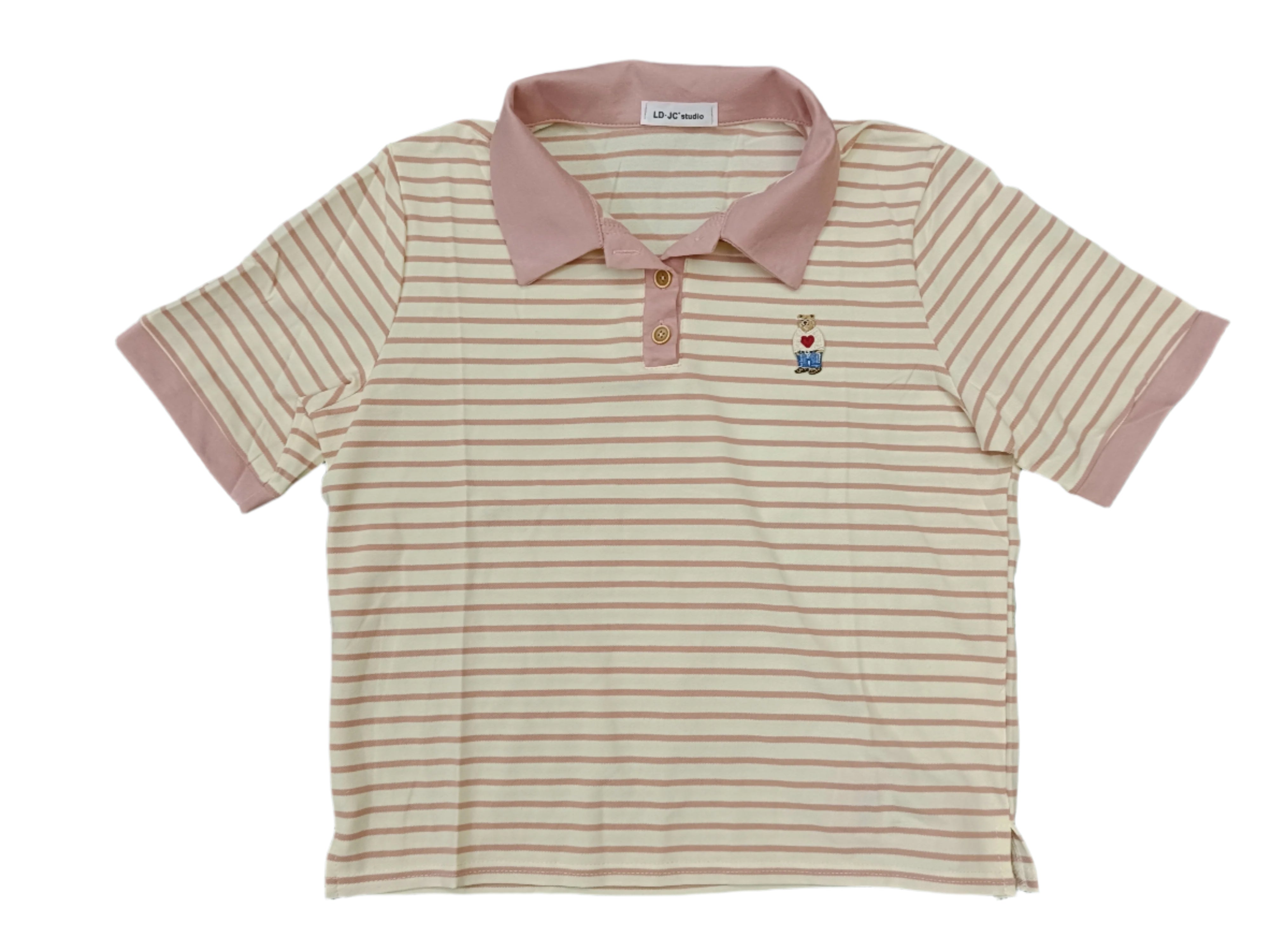 Women's Striped Polo T-Shirt with Bear Embroidery