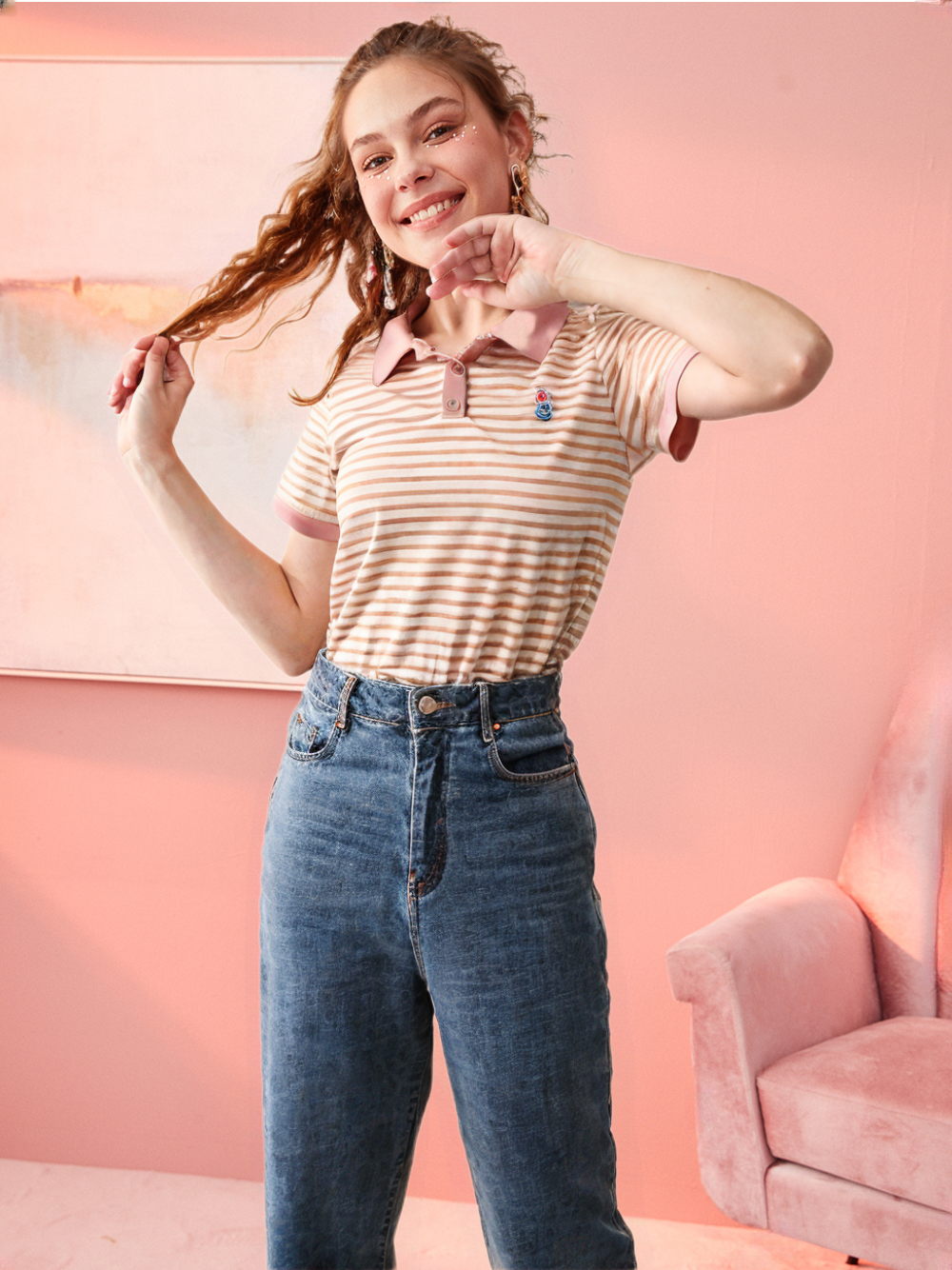 Women's Striped Polo T-Shirt with Bear Embroidery