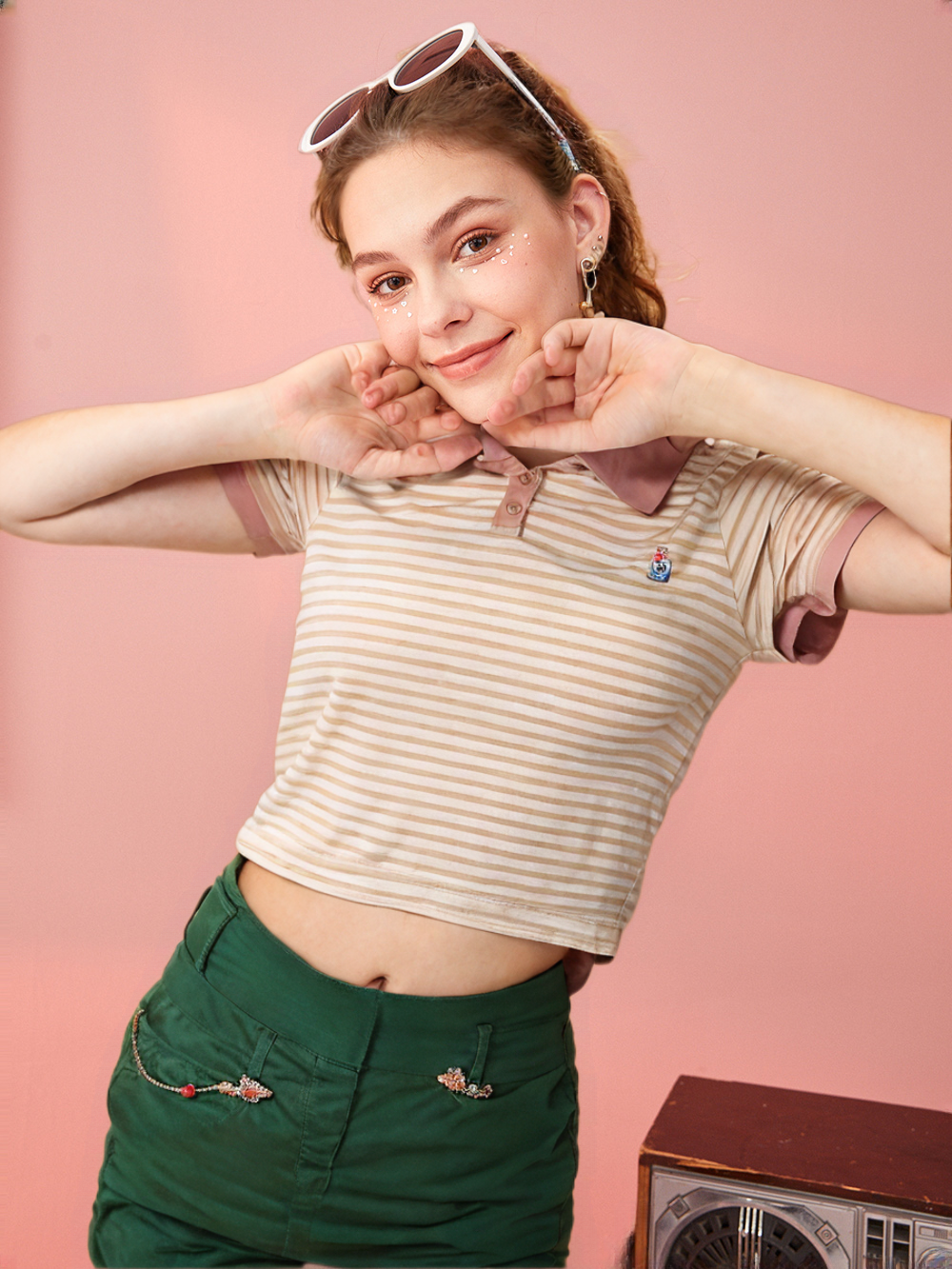 Women's Striped Polo T-Shirt with Bear Embroidery