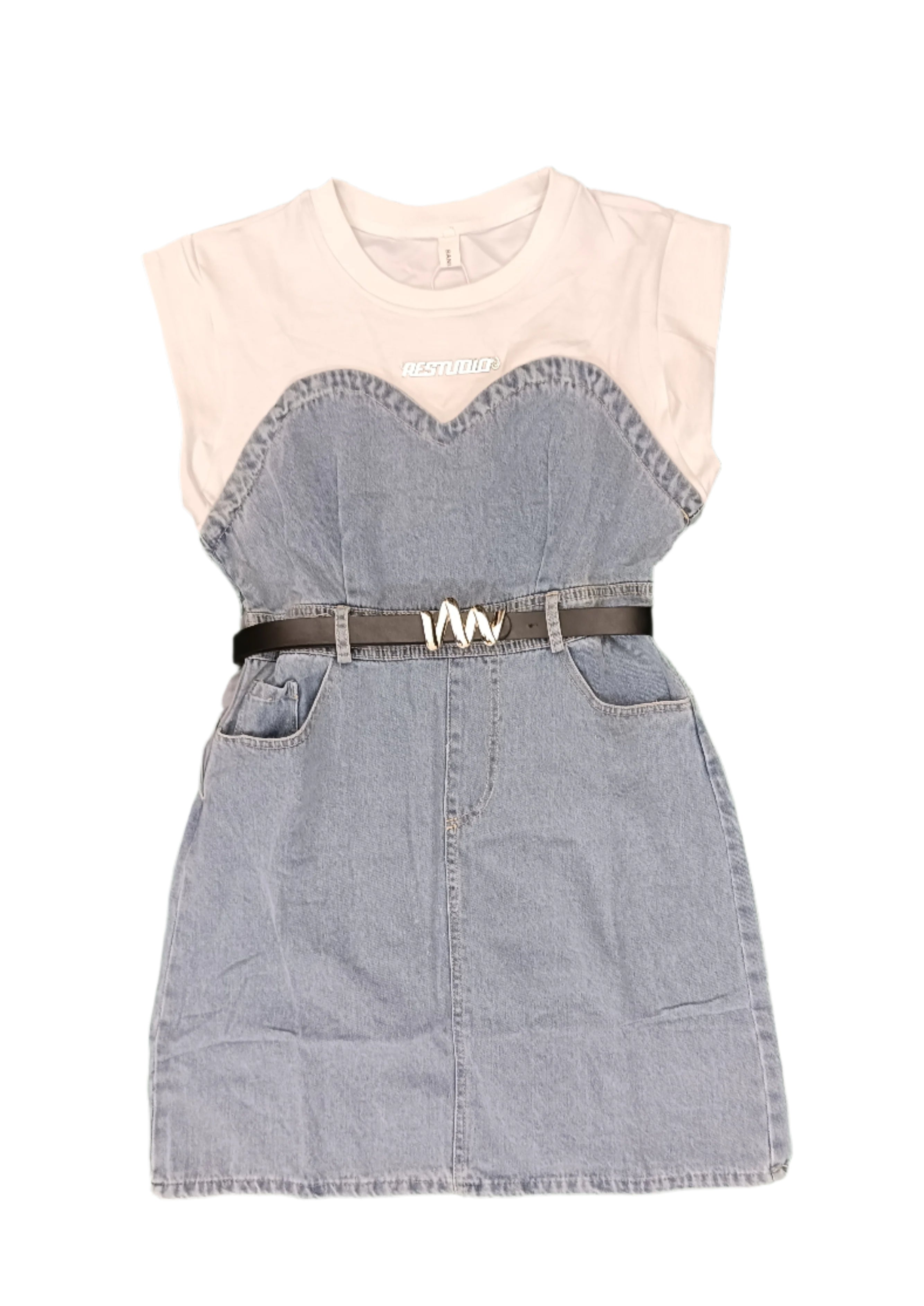 Women's White Tee-Style Denim Dress with Belt