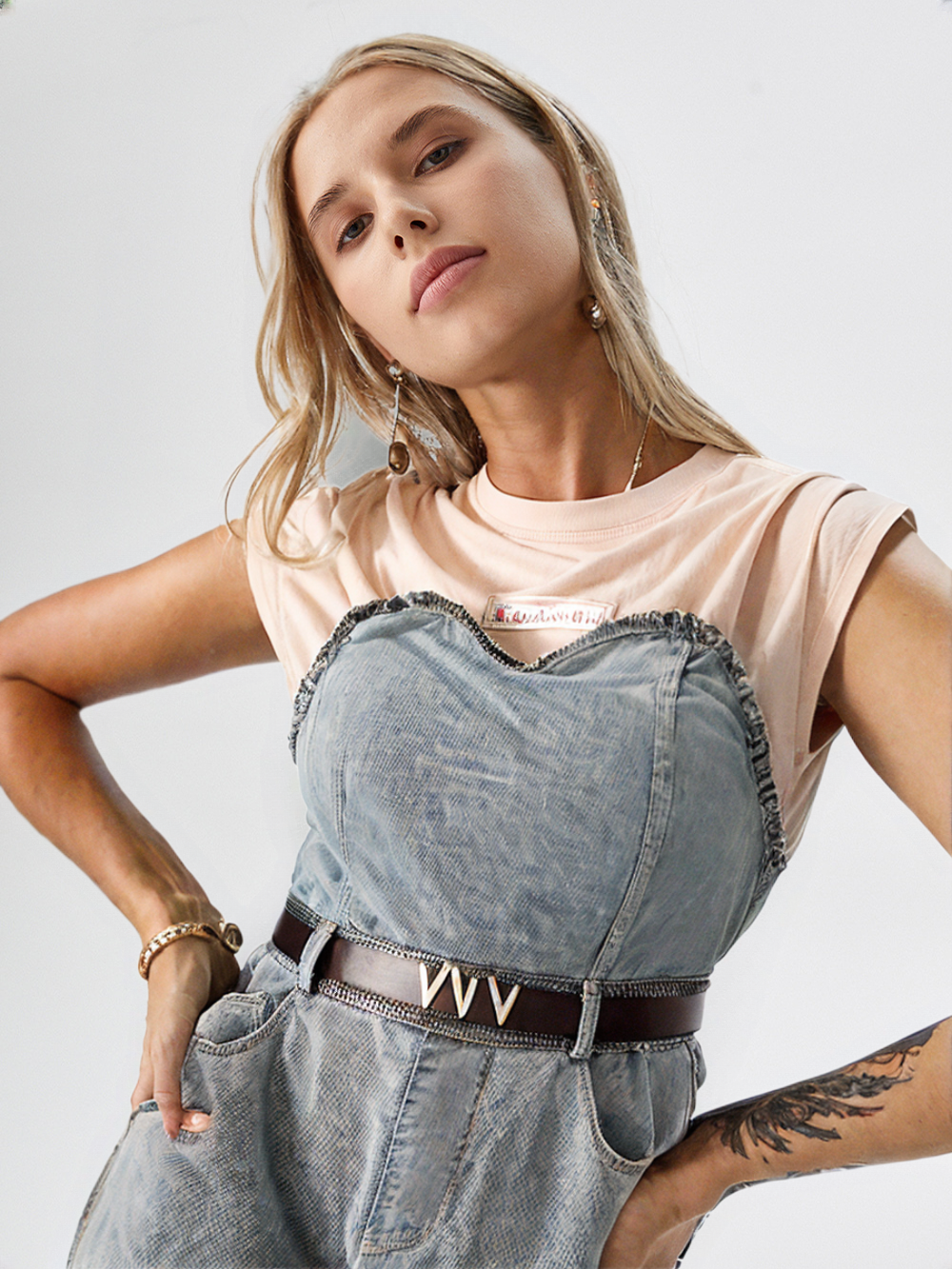 Women's White Tee-Style Denim Dress with Belt