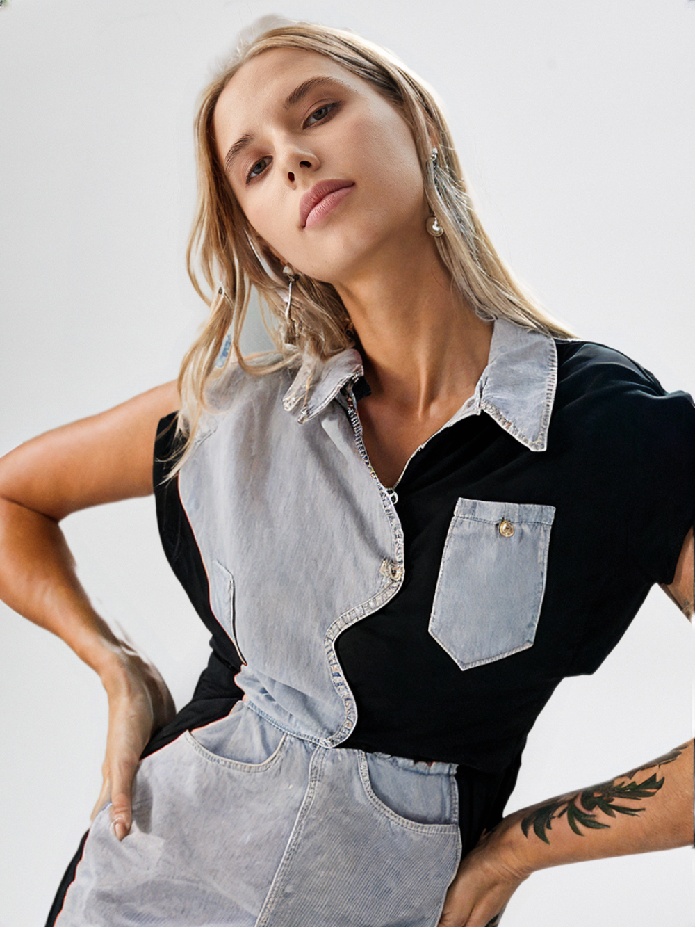 Women's Denim & Black Panel Tunic Dress