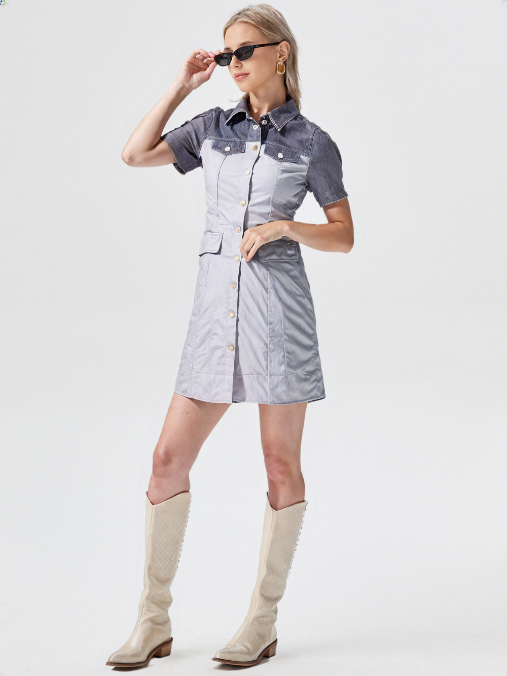 Women's Denim Short Sleeve Snap-Front Dress Tunic