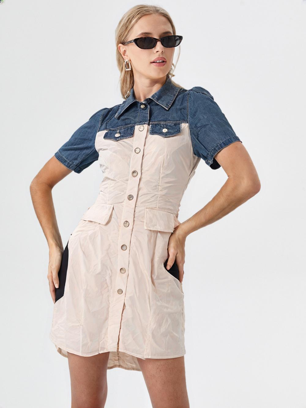 Women's Denim Short Sleeve Snap-Front Dress Tunic