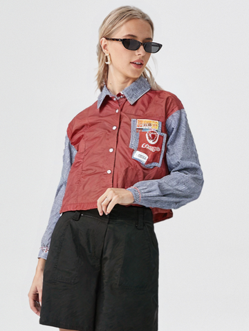 Women's Colorblock Denim Sleeve Shirt