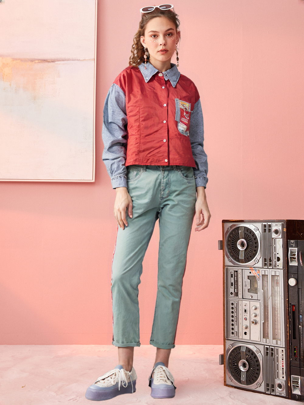 Women's Colorblock Denim Sleeve Shirt