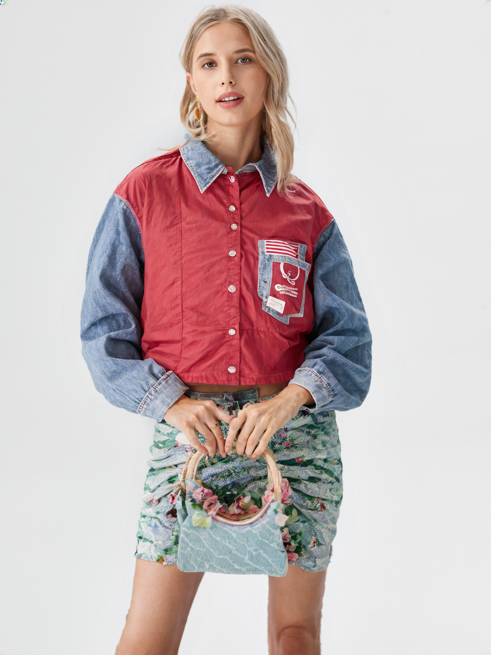 Women's Colorblock Denim Sleeve Shirt