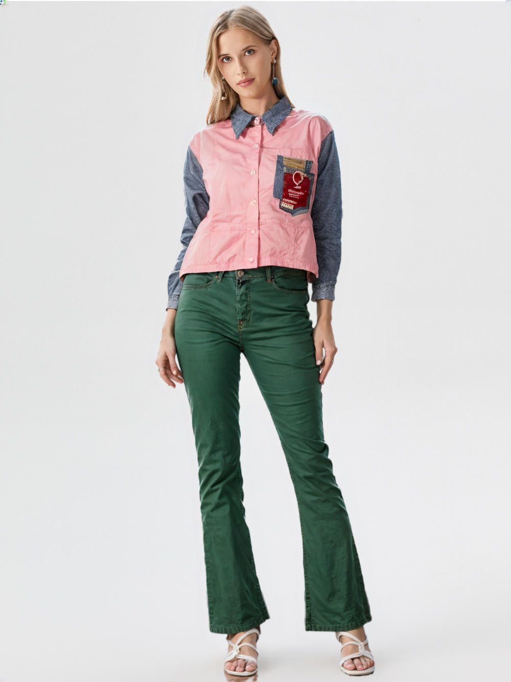 Women's Colorblock Denim Sleeve Shirt