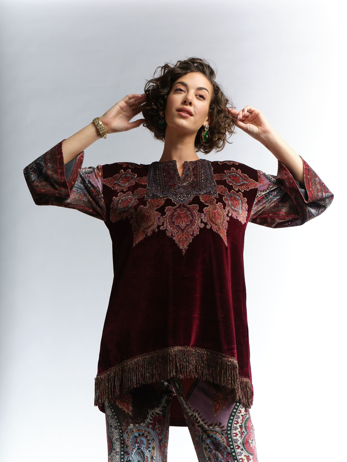 RAGE velvet printed embroidered kurti paired with velvet printed hipster pants