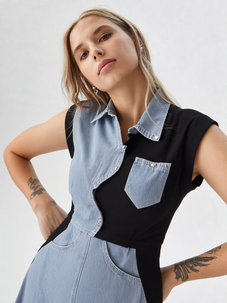 Women's Denim & Black Panel Tunic Dress
