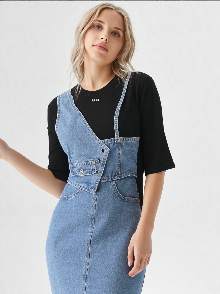 Women's Denim & Black Panel Tunic Dress