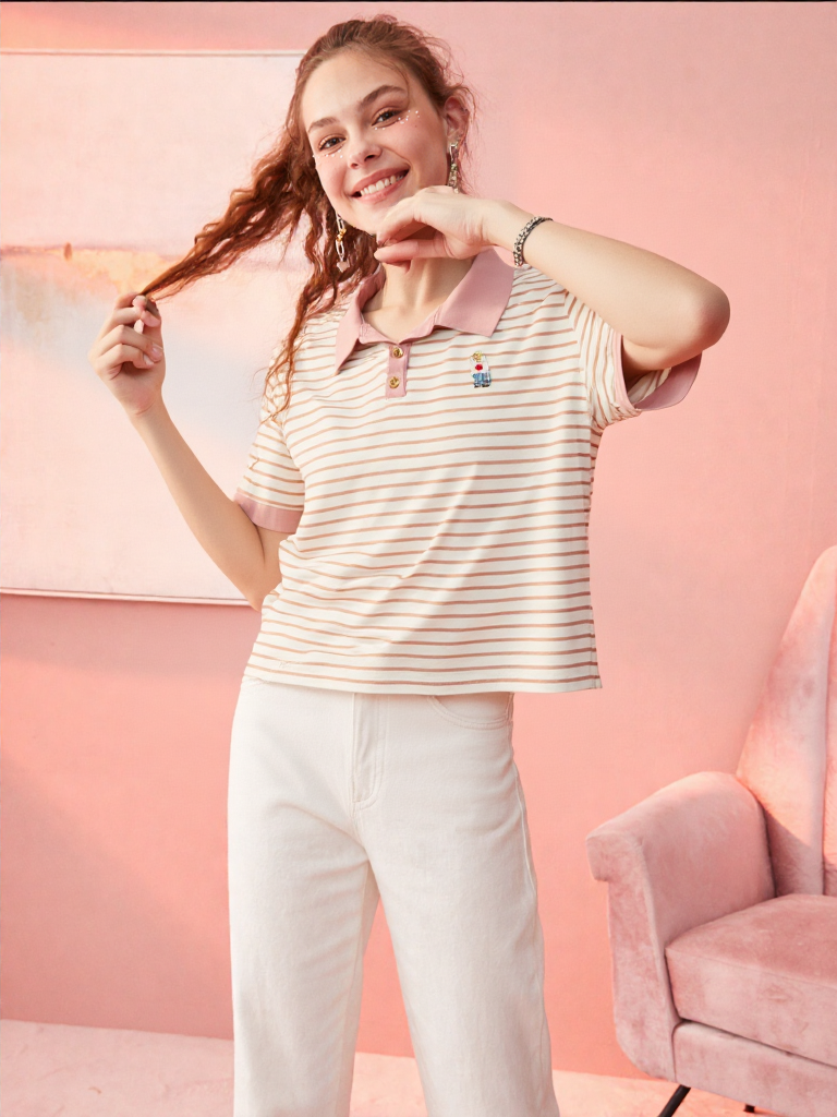 Women's Striped Polo T-Shirt with Bear Embroidery