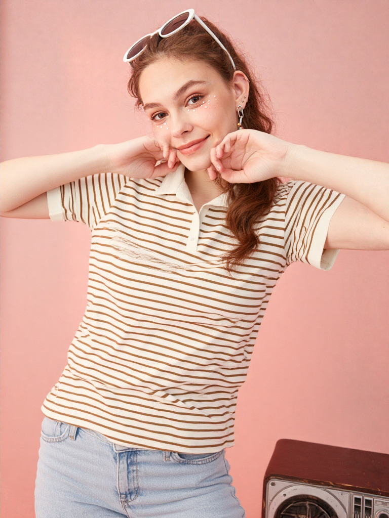 Women's Striped Polo T-Shirt with Bear Embroidery