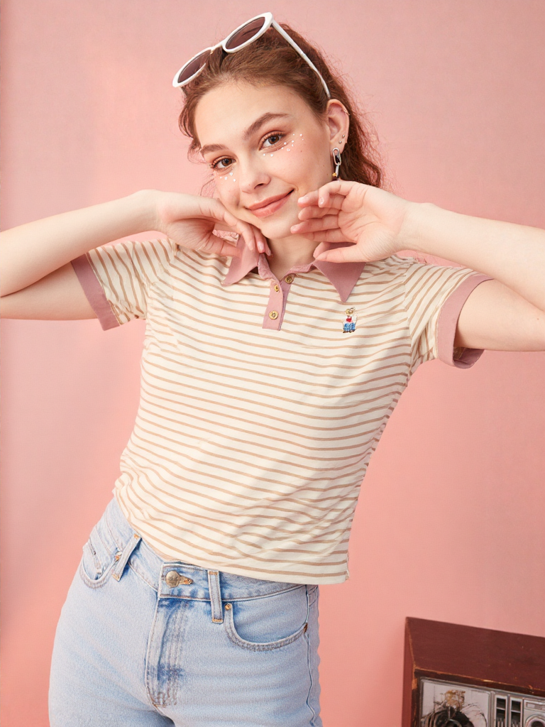 Women's Striped Polo T-Shirt with Bear Embroidery