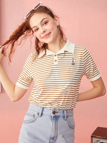 Women's Striped Polo T-Shirt with Bear Embroidery