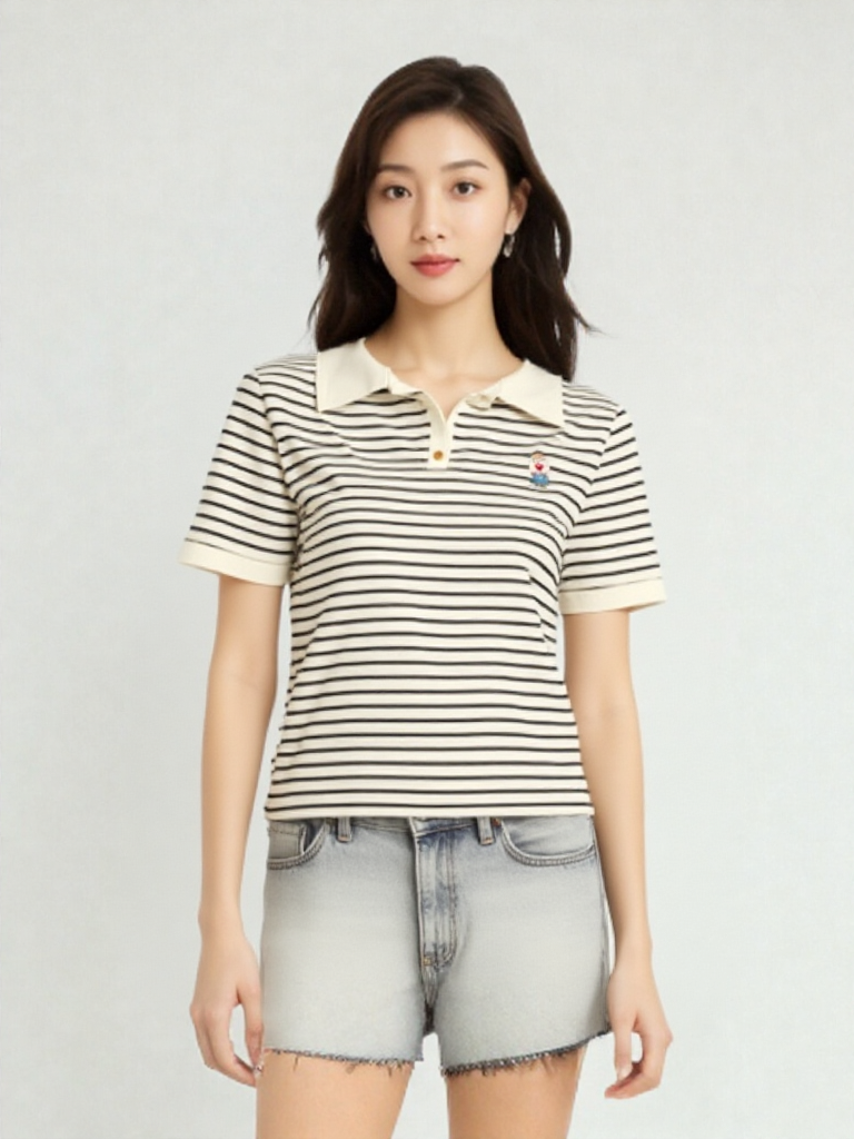 Women's Striped Polo T-Shirt with Bear Embroidery