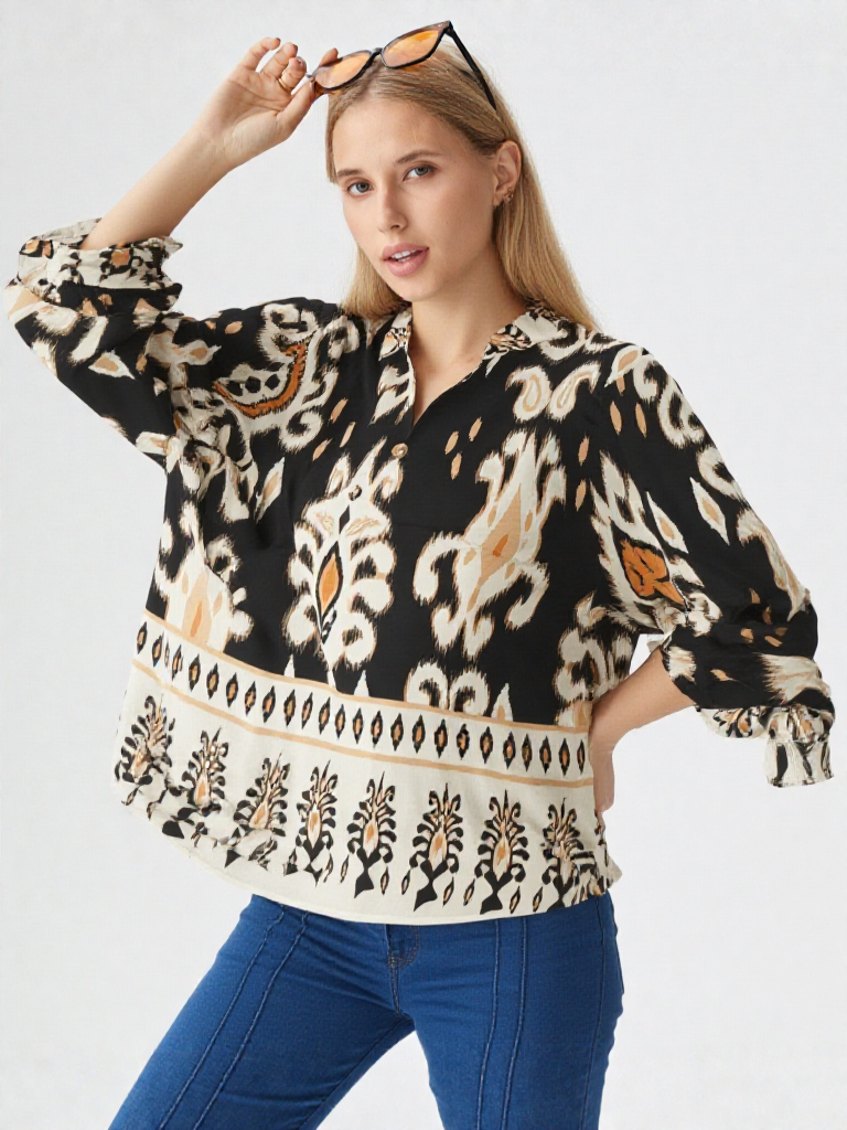 Women's Patterned V-neck Top with Floral and Geometric Design