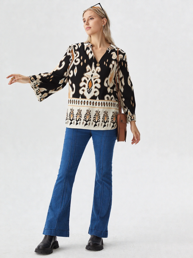 Women's Patterned V-neck Top with Floral and Geometric Design