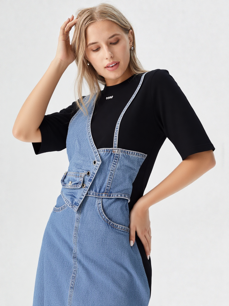 Women's Denim & Black Panel Tunic Dress