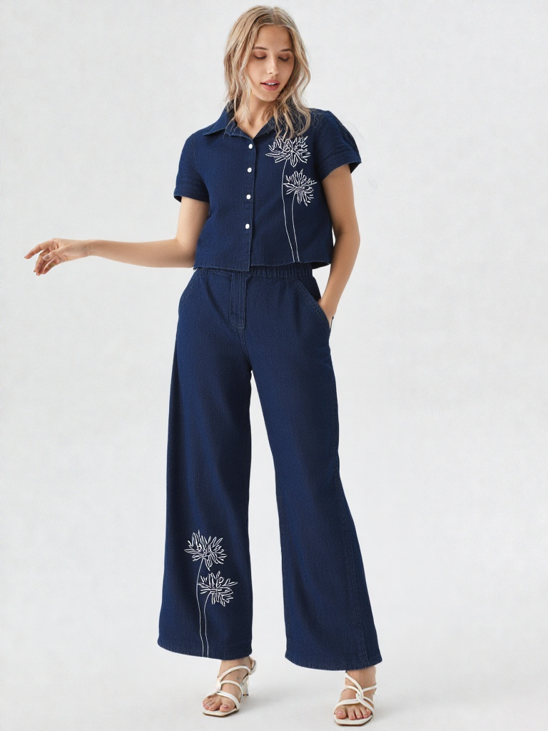 Women's Cotton Denim fabric with flower design Co-Ord set