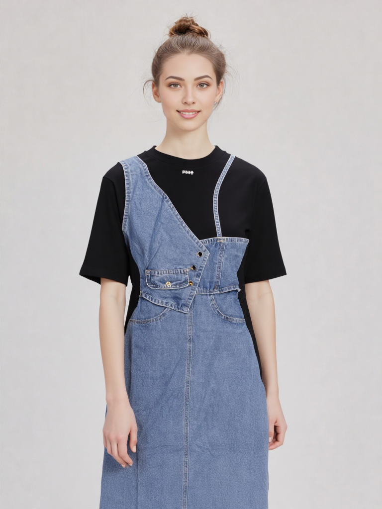 Women's Denim & Black Panel Tunic Dress