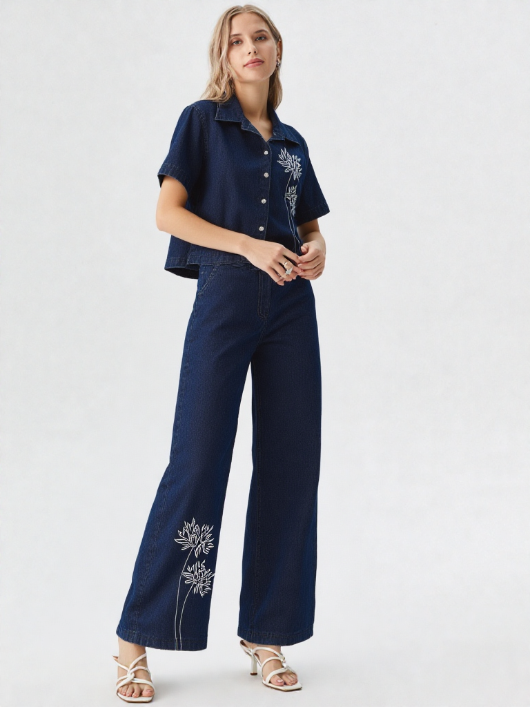 Women's Cotton Denim fabric with flower design Co-Ord set