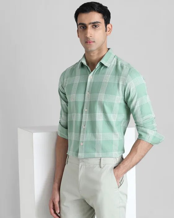MUFTI Light Green Large Check Slim Fit Casual Shirtt