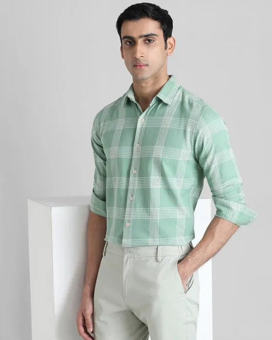 MUFTI Light Green Large Check Slim Fit Casual Shirtt