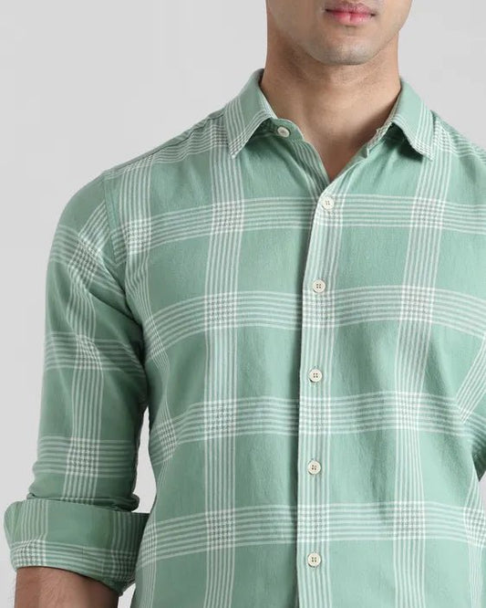 MUFTI Light Green Large Check Slim Fit Casual Shirtt
