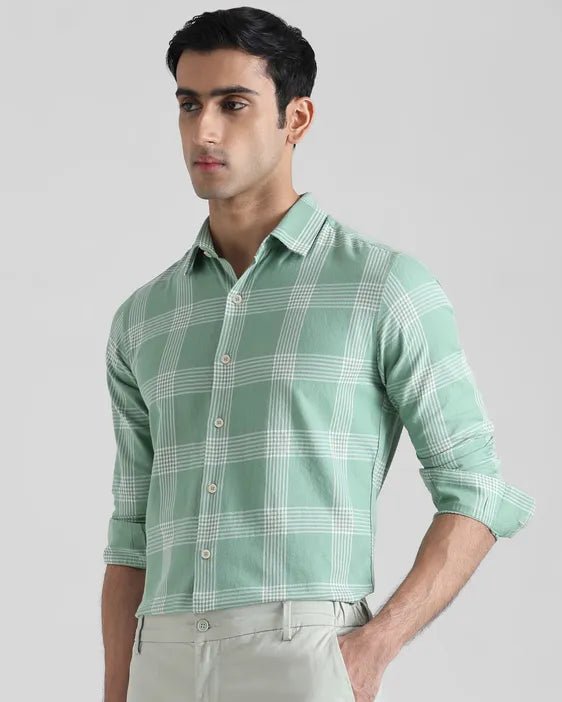 MUFTI Light Green Large Check Slim Fit Casual Shirtt