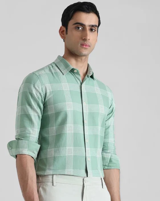 MUFTI Light Green Large Check Slim Fit Casual Shirtt
