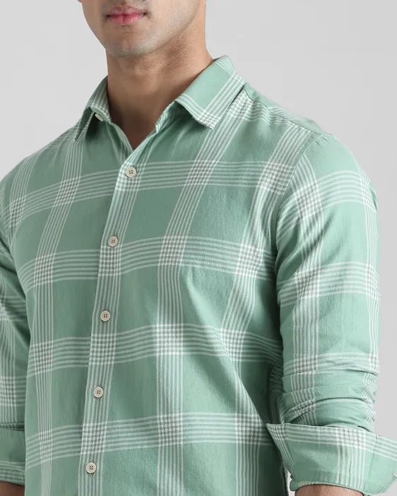 MUFTI Light Green Large Check Slim Fit Casual Shirtt