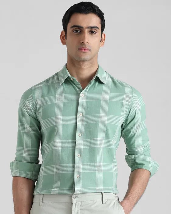 MUFTI Light Green Large Check Slim Fit Casual Shirtt